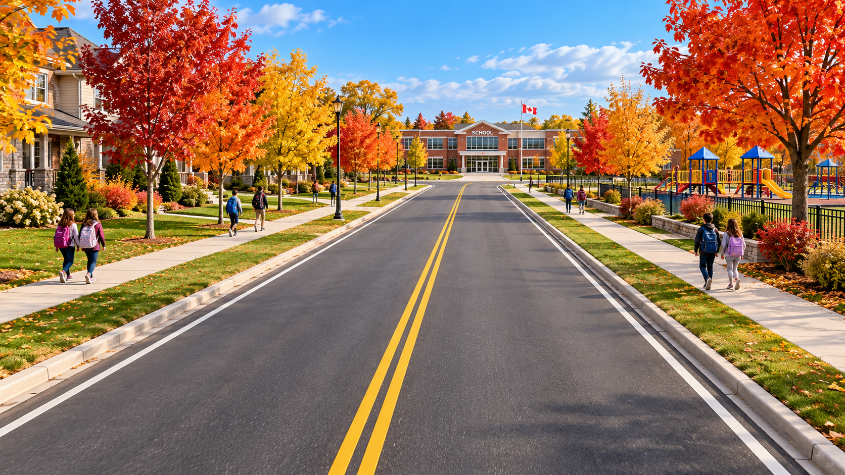 Autumn road leading to school, with children on the sidewalks